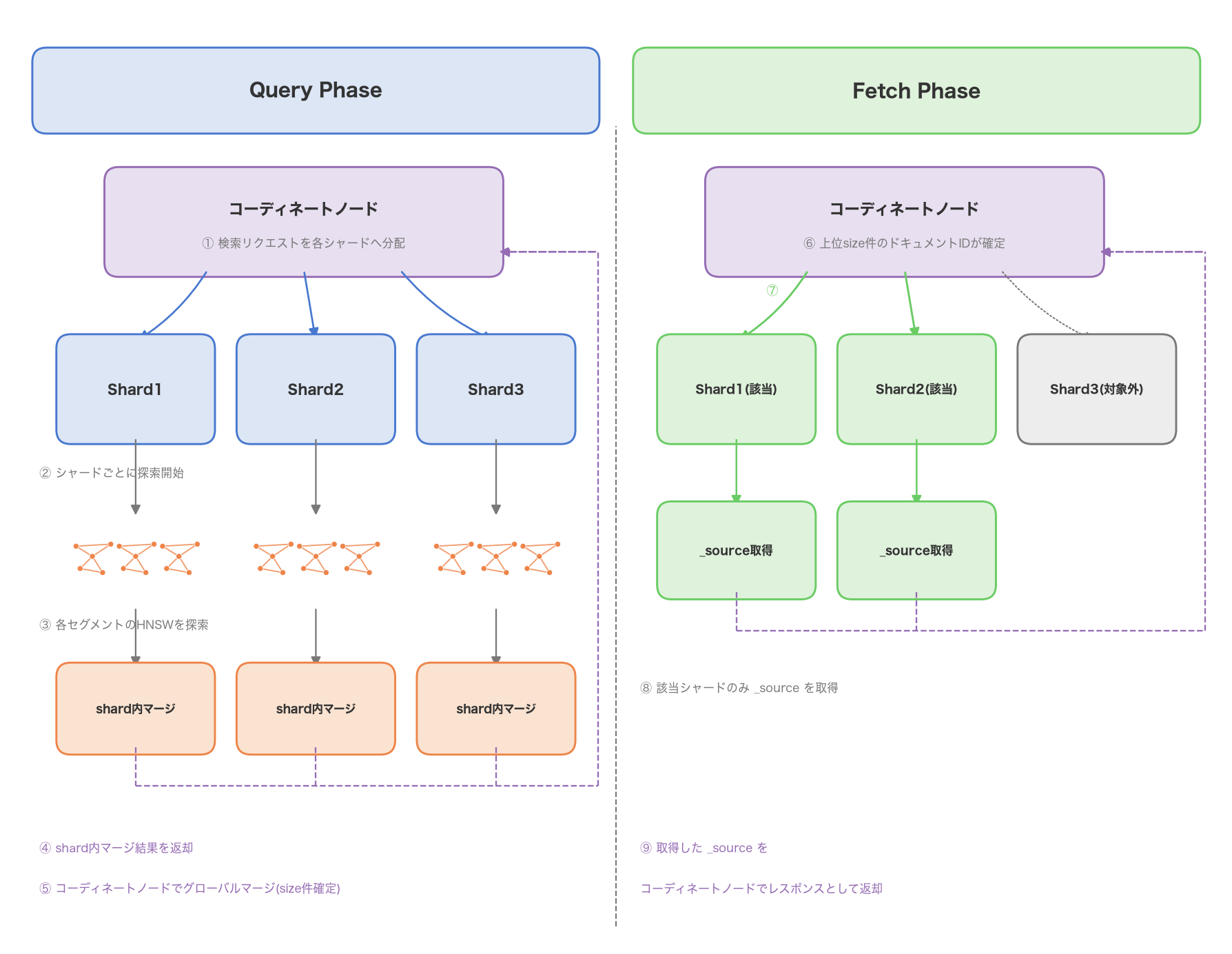 左列がquery phase(コーディネートノードから各シャードへ分配、各セグメントのHNSW探索、shard内マージ、コーディネートノードでのグローバルマージ)、右列がfetch phase(該当シャードのみへの_source取得リクエストとレスポンス返却)を番号付き矢印で示す2カラム図